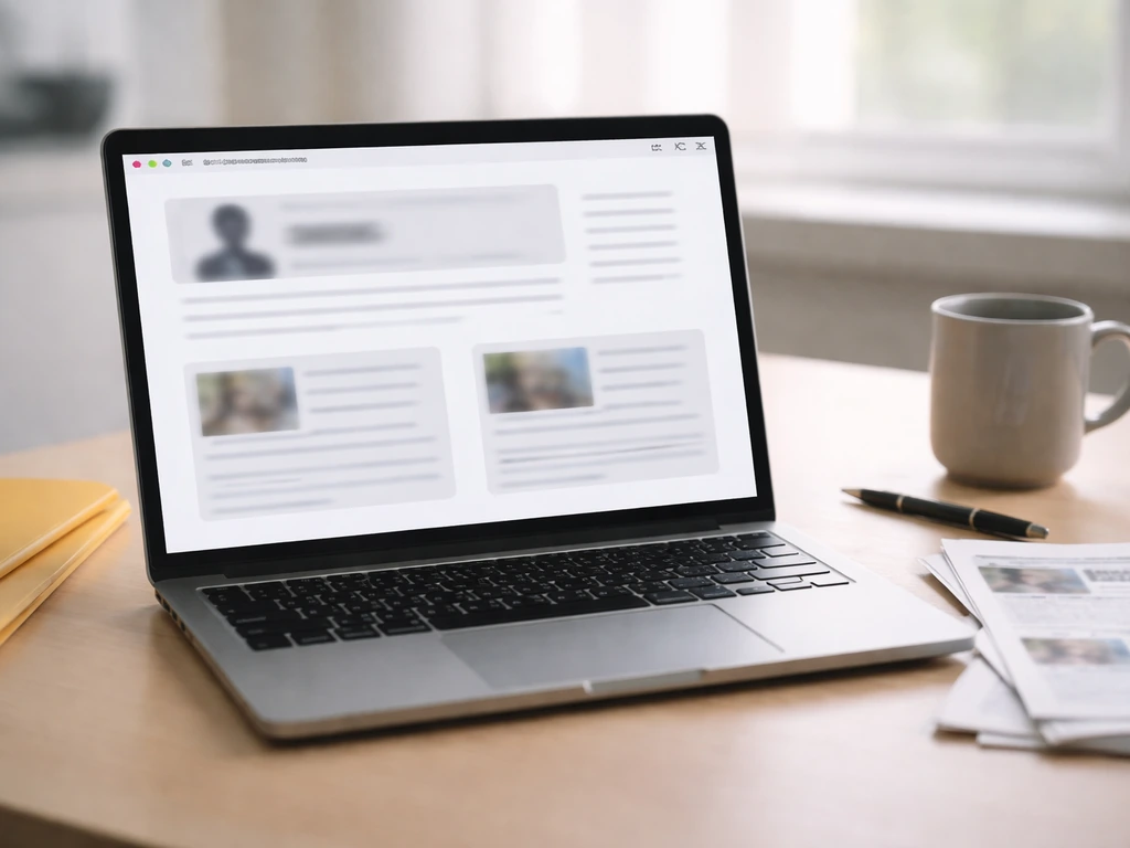 Minimal desk scene with a laptop showing blurred web content beside papers suggesting net worth source checks.