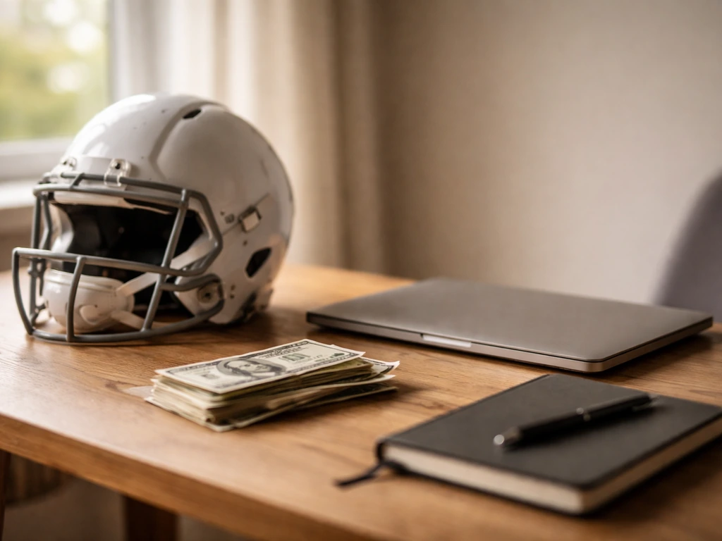 Minimal office desk scene with an NFL-style helmet and money-themed props symbolizing an athlete earning arc.