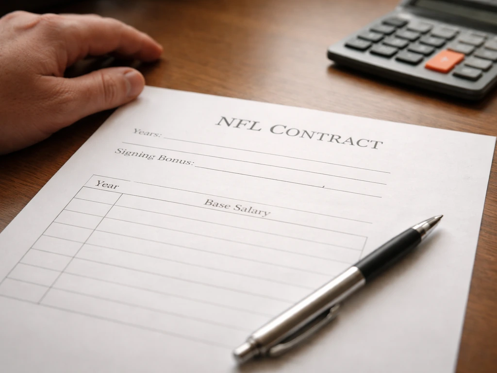 Close-up of a generic NFL contract sheet on a wooden desk with pen and calculator nearby.