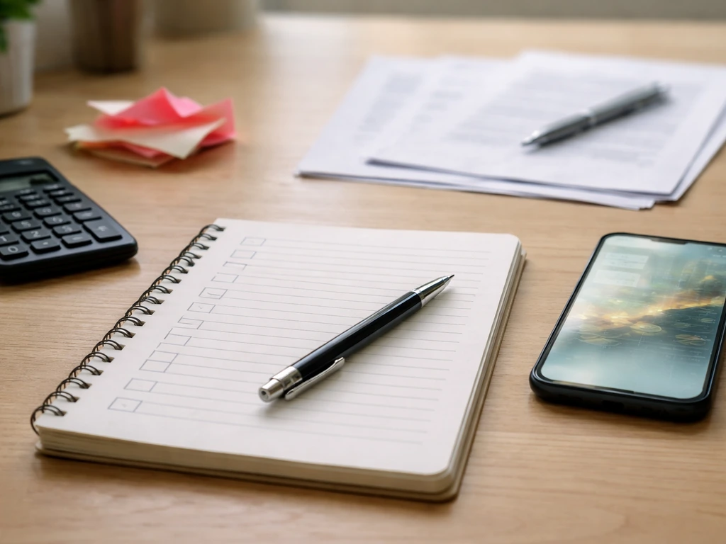 Open notebook beside smartphone showing handwritten net worth verification checklist ideas, unspecific and minimal.