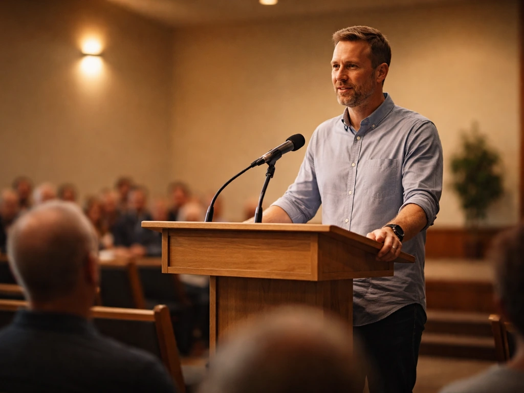 Ministry leader speaking from a church lectern with warm lights and an attentive audience in soft focus.