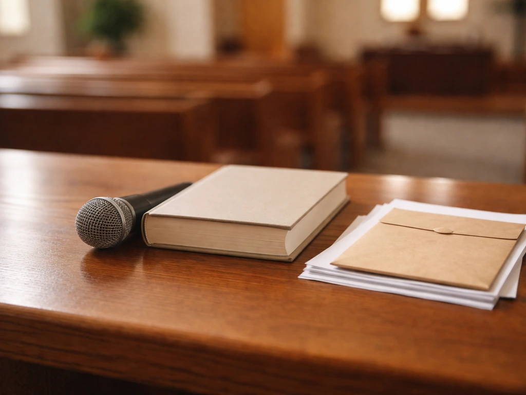 Microphone, plain book, and donation envelope on a wooden desk in a warm church-like setting.