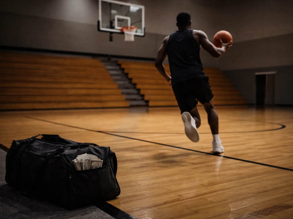Silhouette basketball player mid-shot with a small stack of bills in a nearby duffel bag.