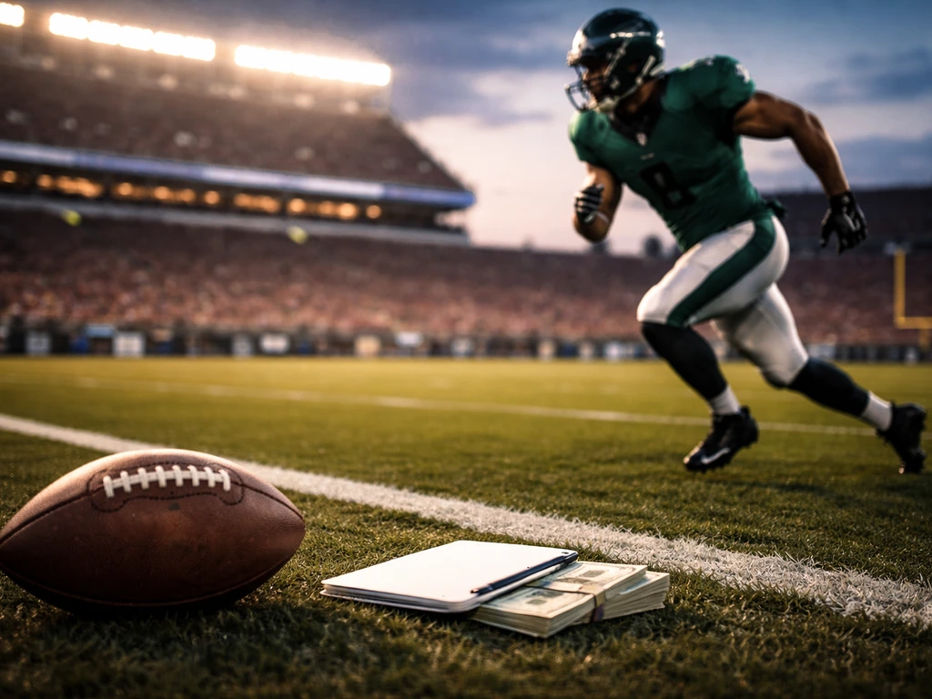 Anonymous football defensive player in Eagles-style uniform sprinting in a Philadelphia stadium at dusk.