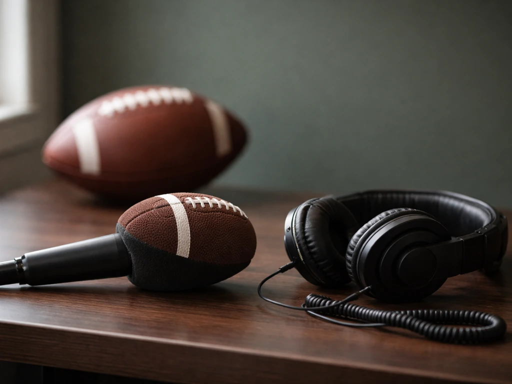 Anonymous sports media desk setup with a football, headphones, and microphone, no person shown.