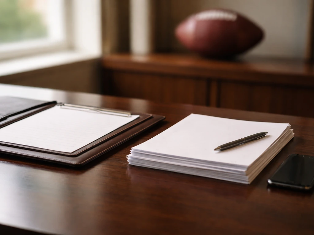 A dark wood desk with contract papers, pen, and phone, with a football blurred in the background.