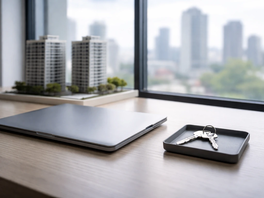 Minimal photo of a modern real estate office workspace with a laptop, keys, and a blurred city skyline backdrop.