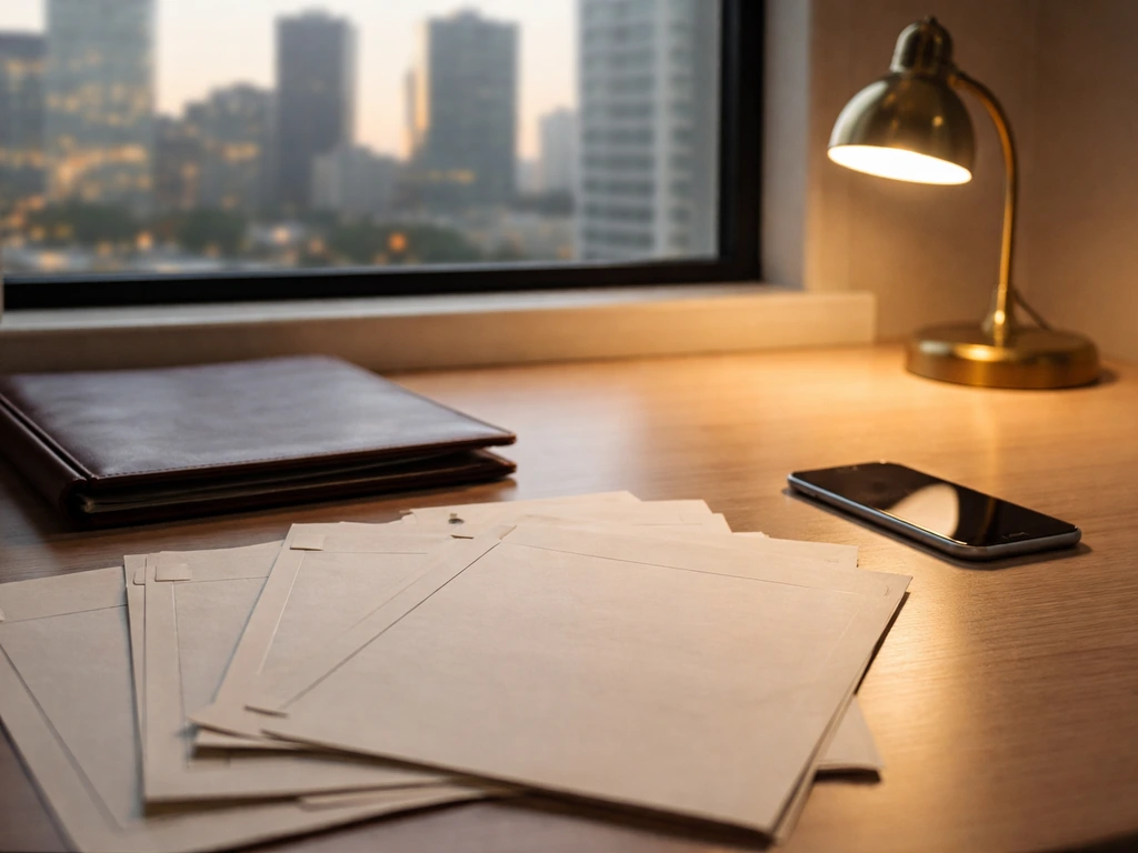 Minimal office desk scene with an open folder, phone, and softly lit city view symbolizing verifiable career records.