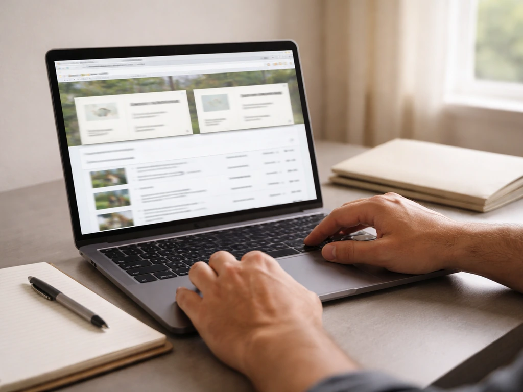 Person reviewing county property assessment results on a laptop with a notepad and pen