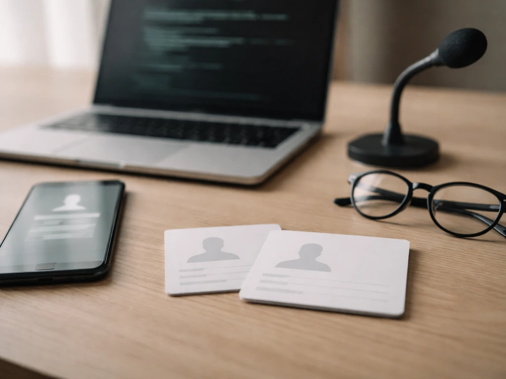Minimal desk with blurred devices and blank ID cards suggesting confusing online aliases without showing any person.