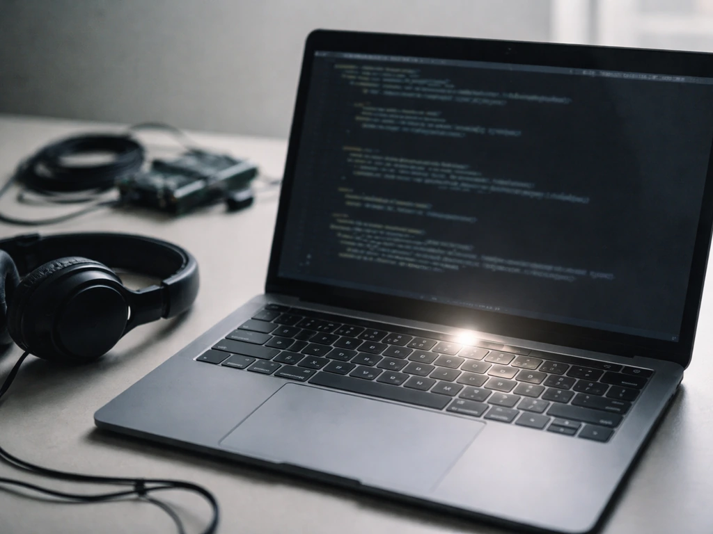 Close-up of a laptop on a desk with circuit-like code reflections on screen, symbolizing malware analysis.