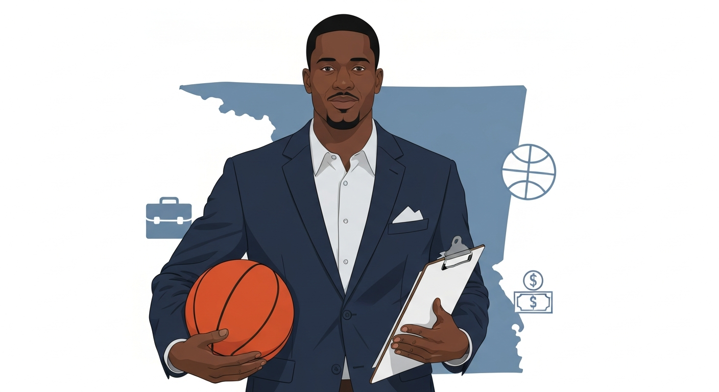 Illustration of a generic African-American former athlete turned sports manager holding a basketball and clipboard with Arkansas outline and sports/business icons in the background.