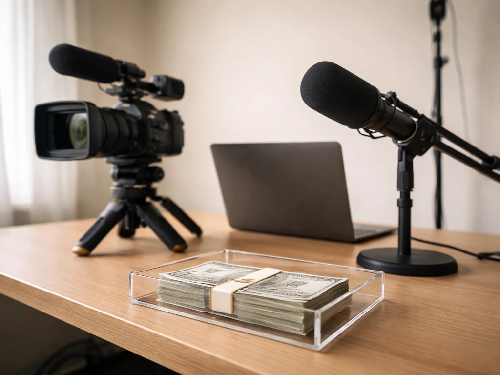 Minimal studio desk with camera and microphone, with neatly stacked cash symbolizing net worth analysis.