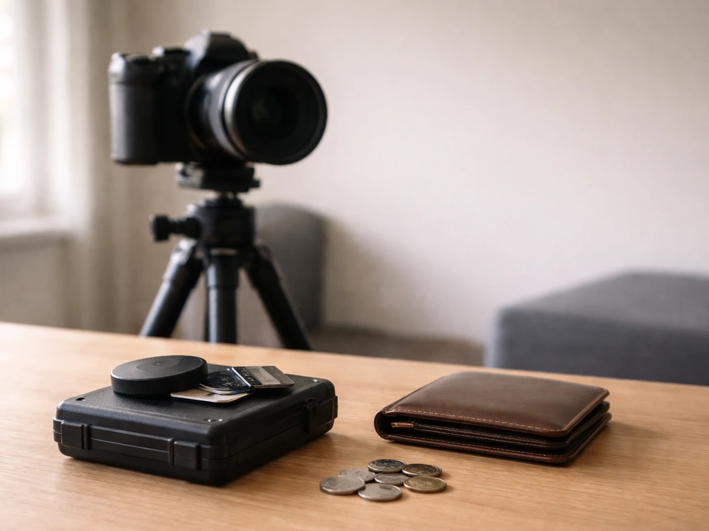 Minimal photo of a filmmaker’s desk with camera gear and a wallet, symbolizing media income and assets.