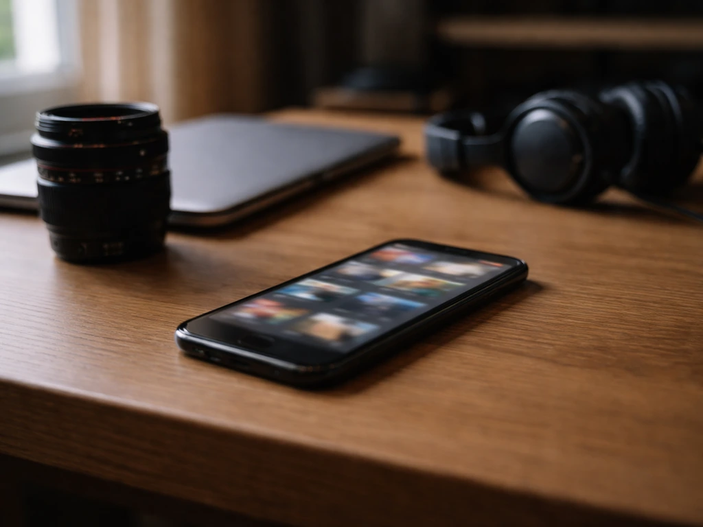 Minimal studio desk scene with filmmaking gear and a smartphone suggesting an online creator milestone