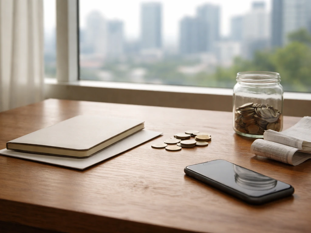 Coins and a notebook on a simple desk near a window, suggesting cautious financial range and media income.