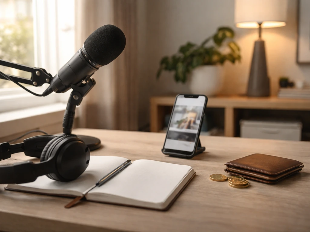 Minimal home studio scene with a microphone, smartphone, and subtle money cues like coins on a desk.
