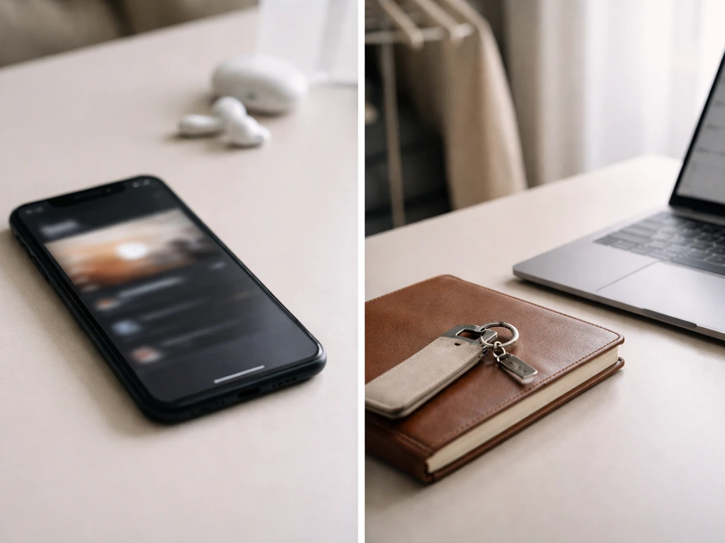 Split desk scene suggesting video ad signals, brand deals, and merch/booking items without any text.