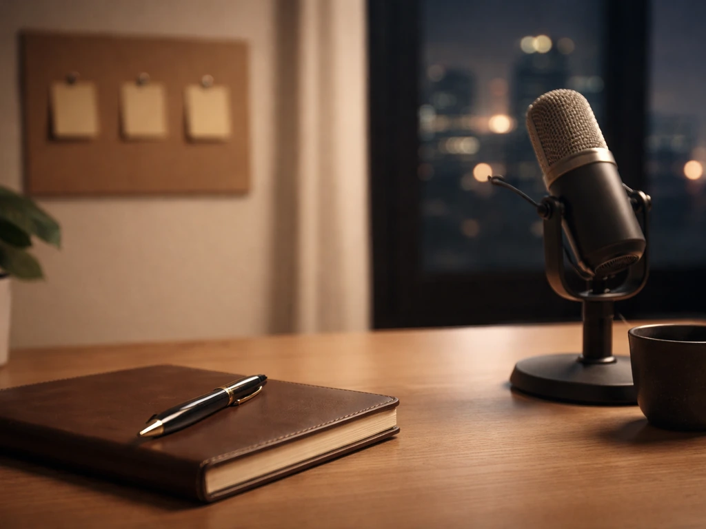 Minimal photo of a desk with a closed notebook, fountain pen, and broadcast-style microphone beside a city skyline view.