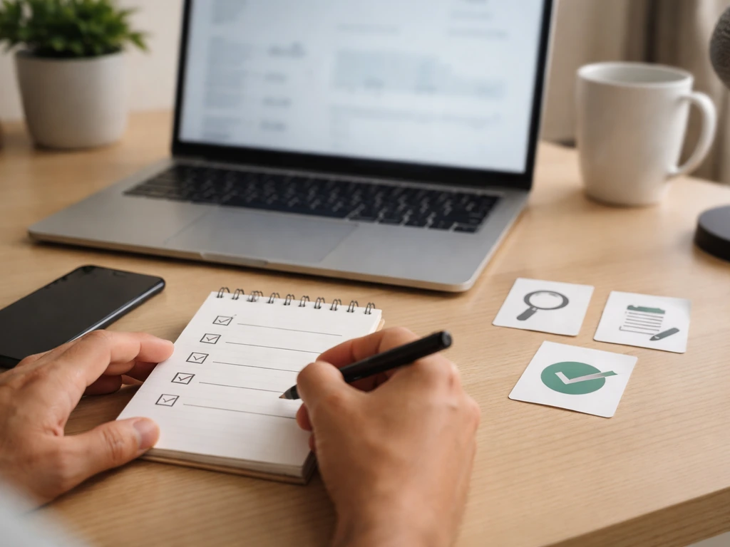 Minimal photo of a desk with a laptop showing generic analytics, plus checklist and evidence icons