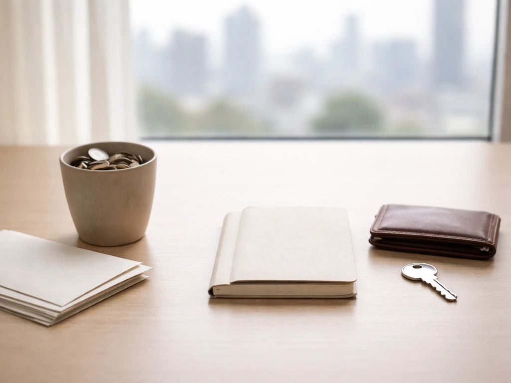 Minimal desk scene with coins, envelopes, and wallet symbolizing what net worth estimates include.