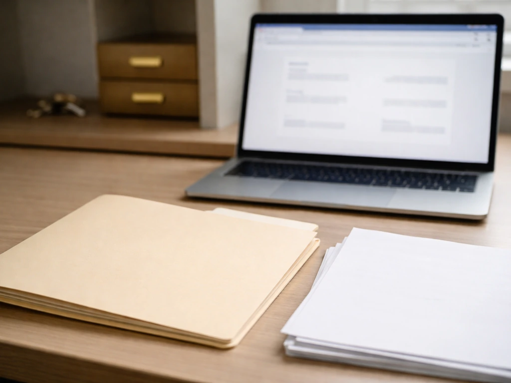 Minimal desk scene with blank documents and a blurred laptop implying no public evidence found.