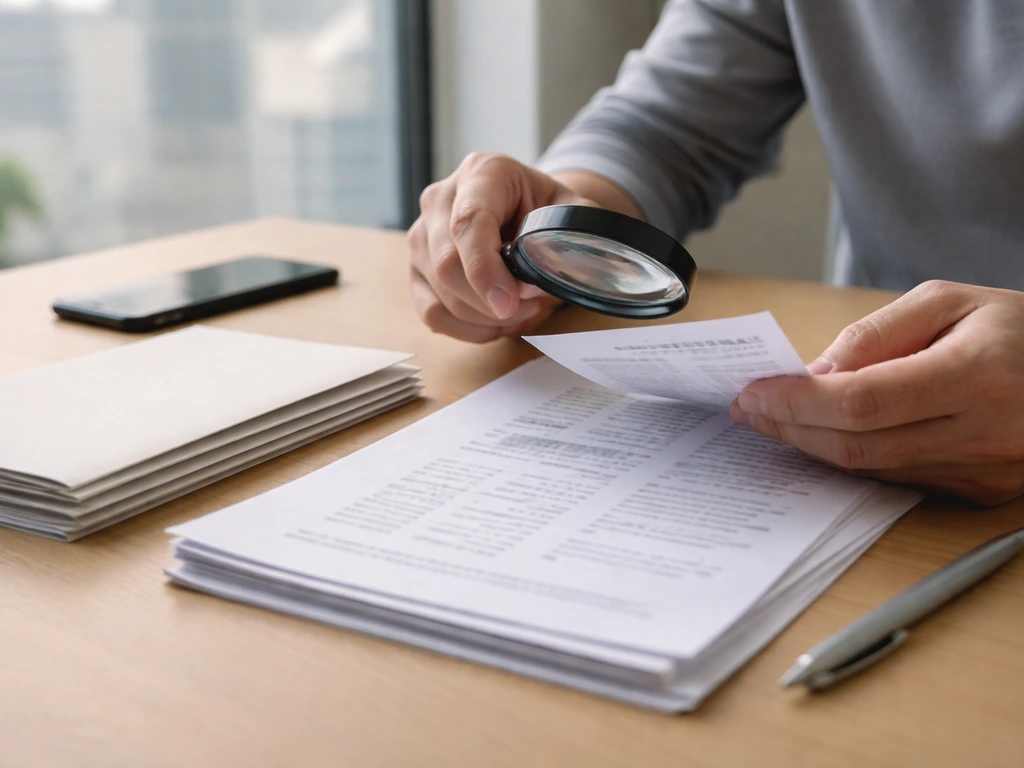 Hands using a magnifying glass to review documents on a desk with receipts and a city view behind