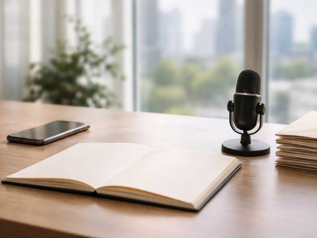 Minimal desk with microphone, phone, and blank notebook in a bright office, symbolizing career milestones.