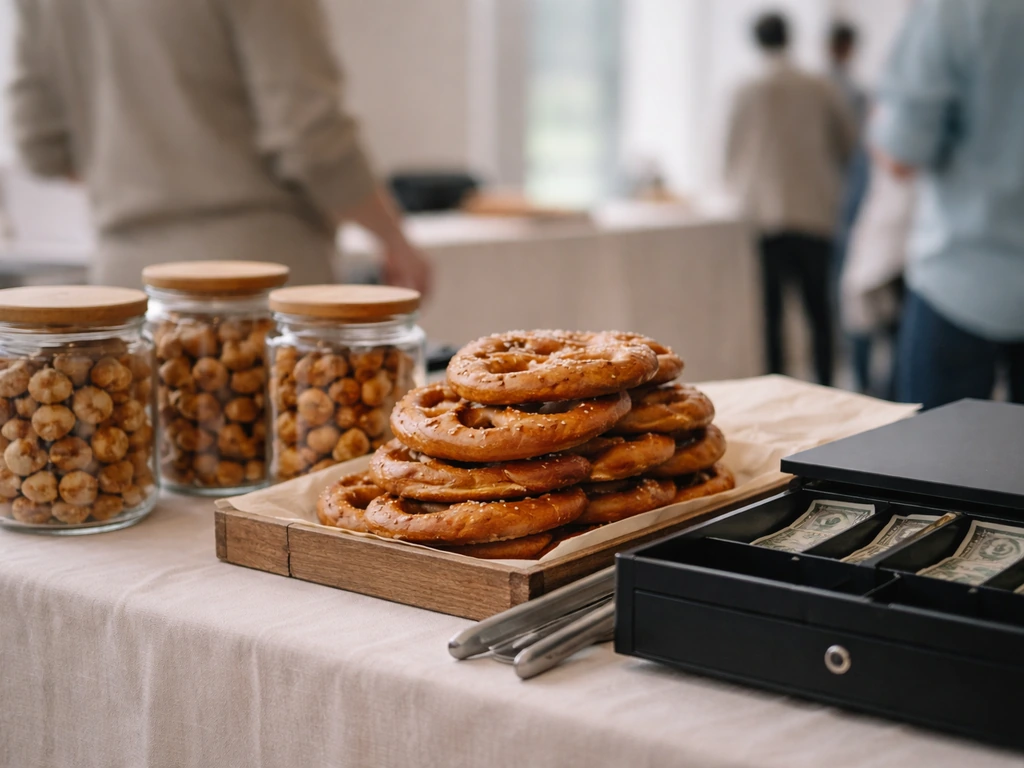 Golden pretzels on a snack display table with business props at a small event, no identifiable people.