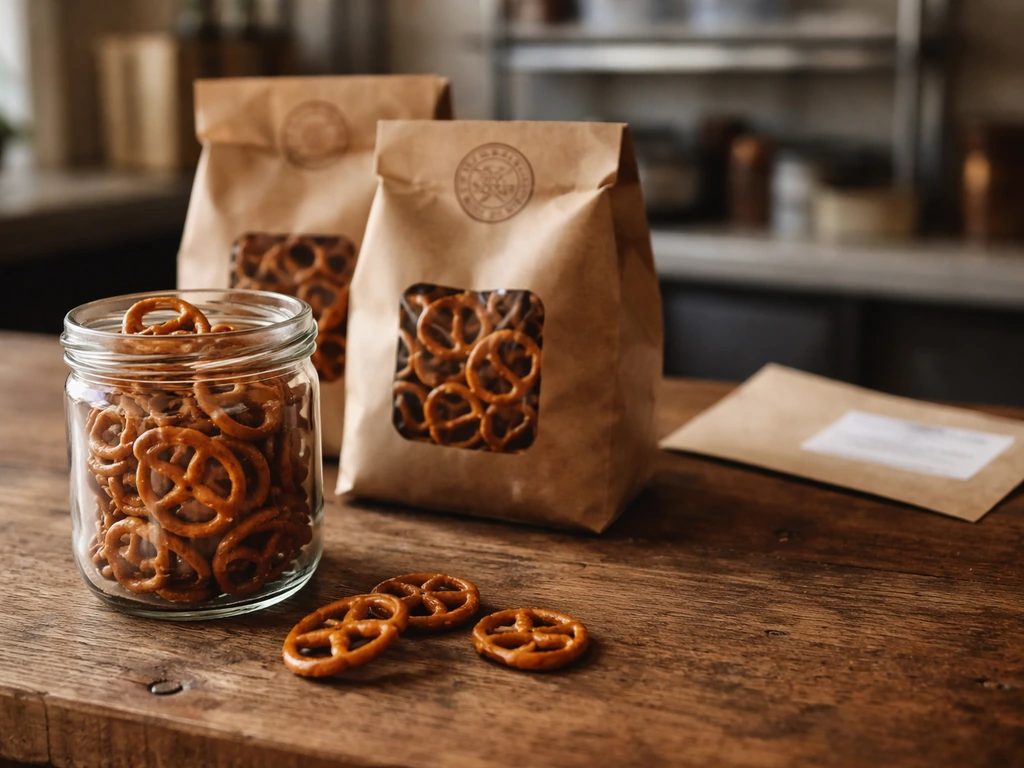 Close-up of gourmet pretzel packs on a wooden counter with a blurred kitchen shelf background.