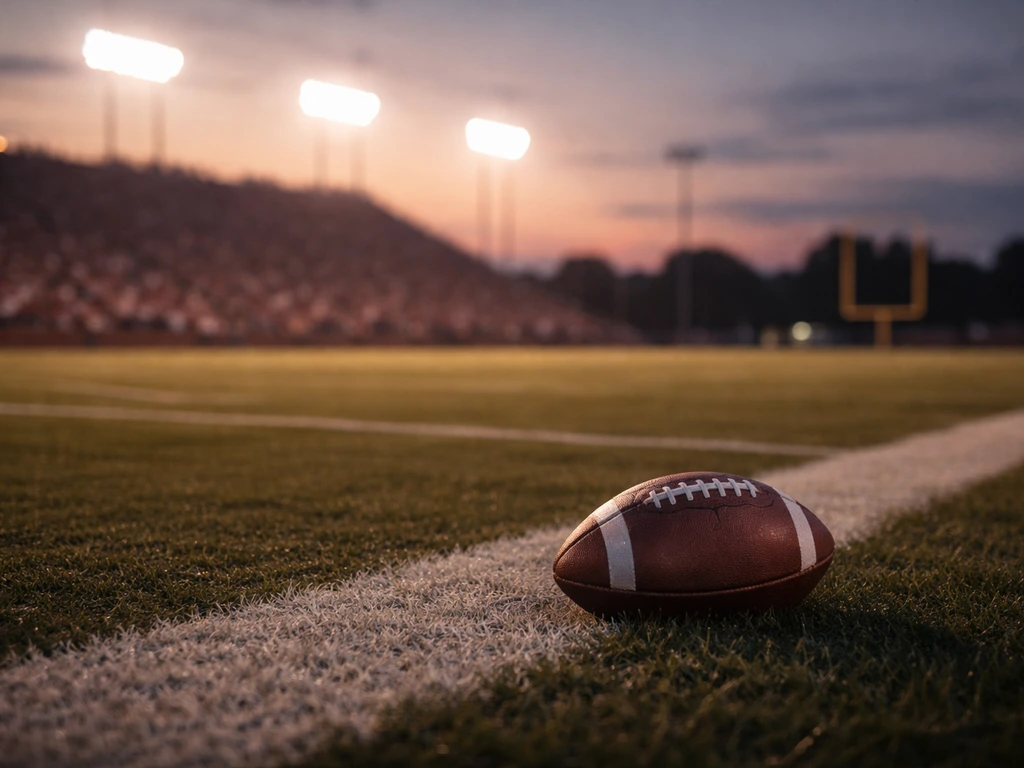 CFL-style game field at dusk with a deflated football near the sideline, evoking sports career earnings