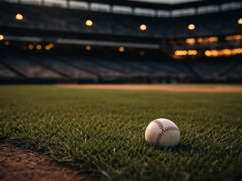 Empty baseball field at dusk with a single baseball on the grass, stadium lights starting to glow.