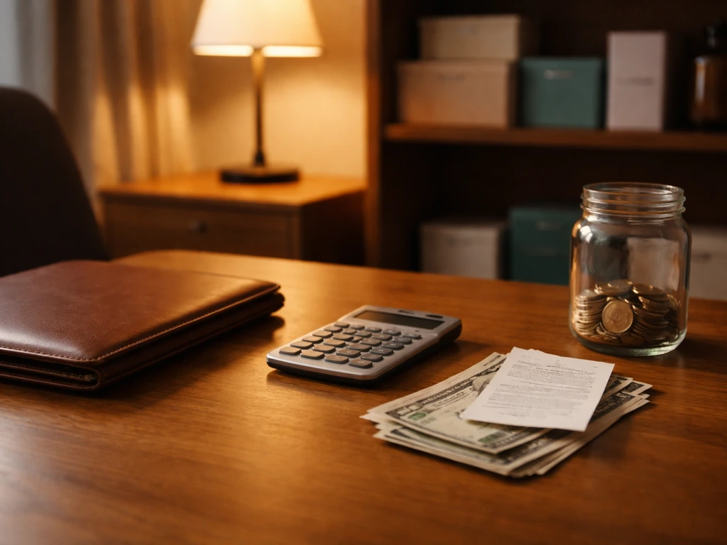 Minimal desk scene with portfolio, calculator, cash, coins, and generic product boxes in warm light.