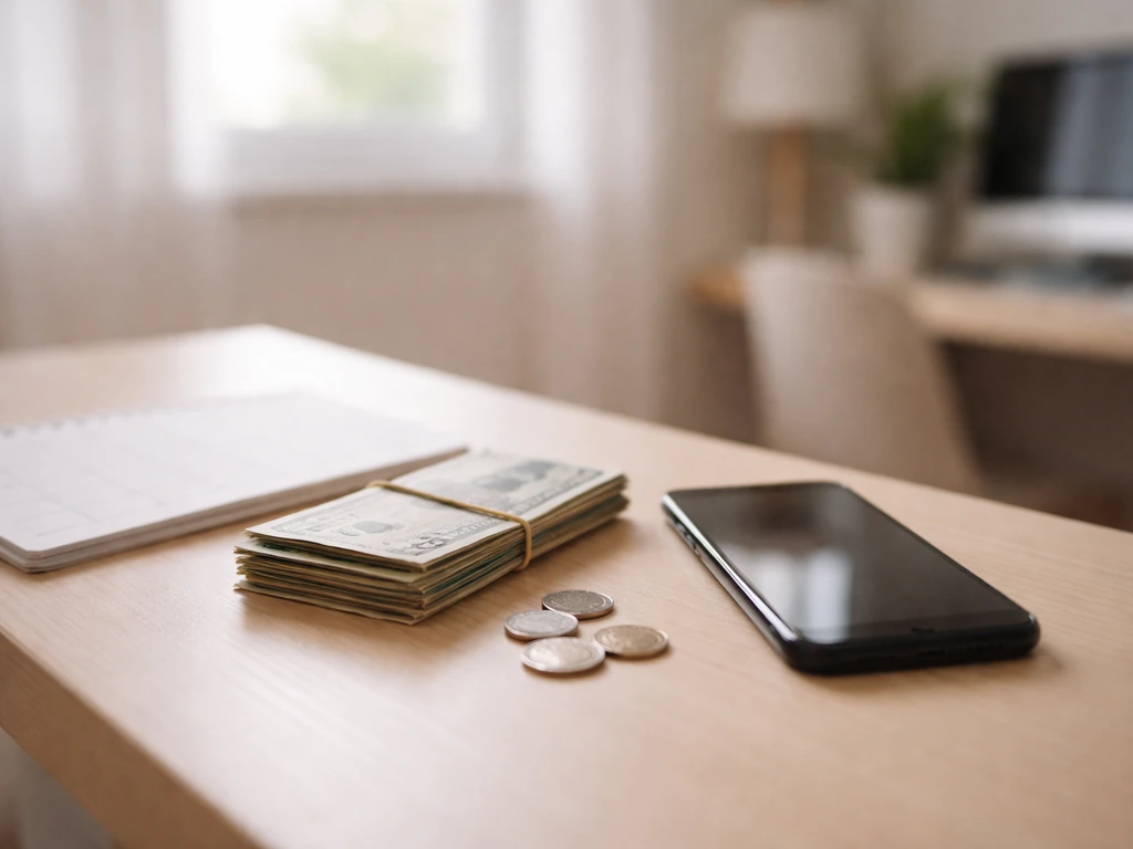 Minimal desk scene with a small stack of cash and a smartphone showing date-like reflections, suggesting net-worth updat