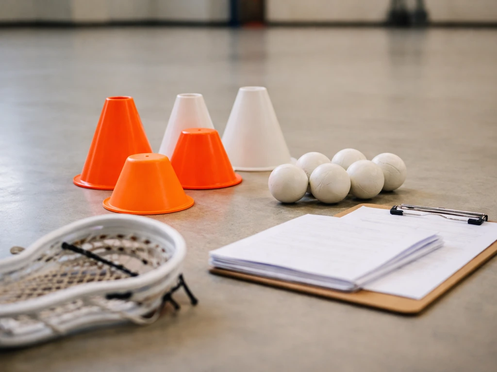 Close-up of lacrosse training gear—cones, a clipboard, and sticks—set on a simple gym floor.