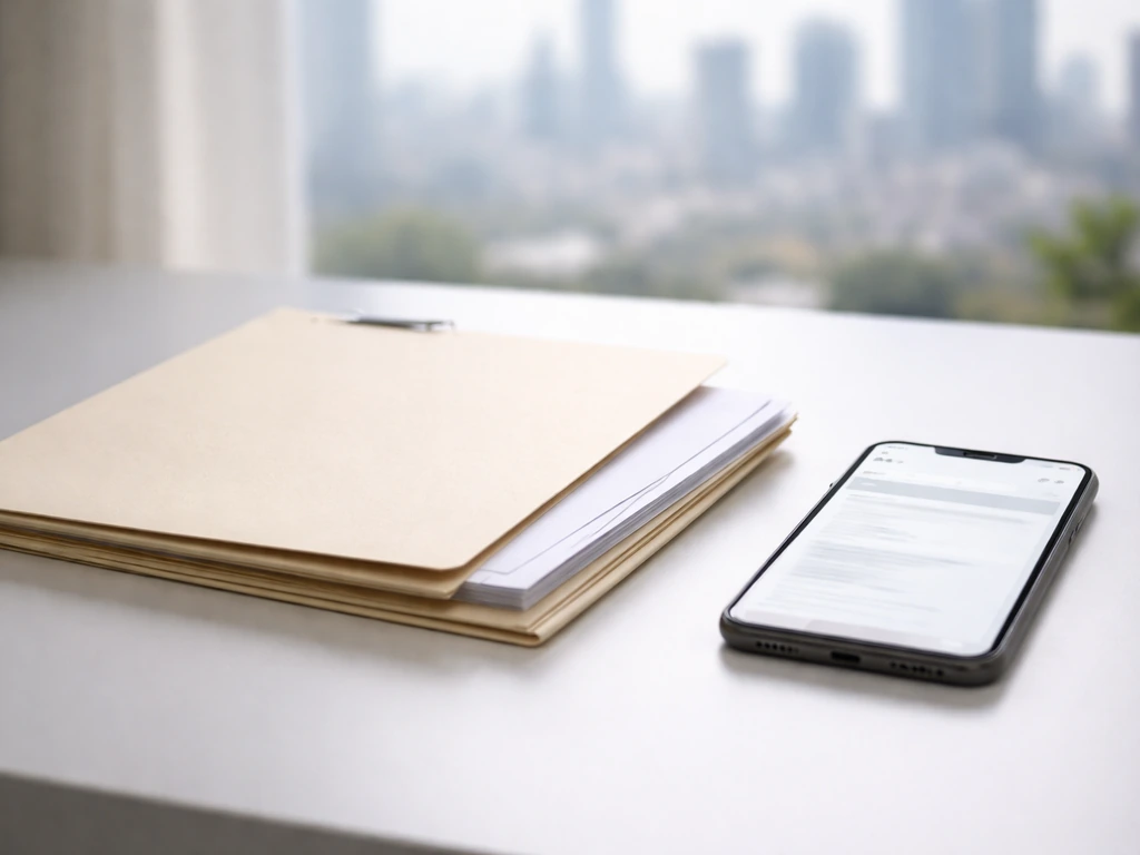 A desk with a folder and blank documents next to a phone, symbolizing verifiable evidence vs claims.