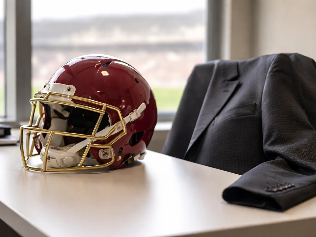Minimal photo of an empty USC football helmet and a draft-day era suit jacket on a desk