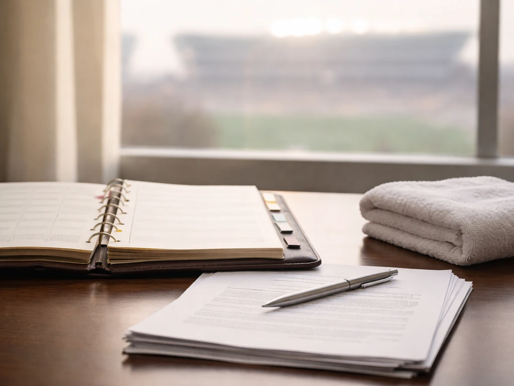 Minimal photo of an NFL-style playbook and contract papers on a desk near a window with soft light.