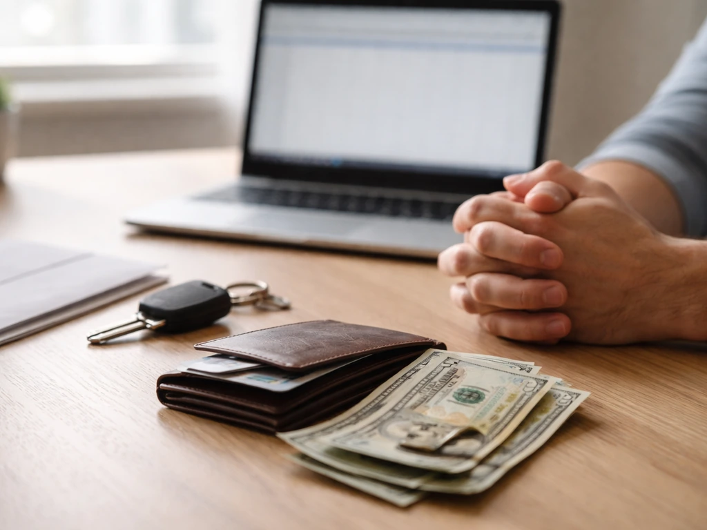 Minimal photo of a desk with a wallet, scattered bills, and a laptop showing a tax-prep style folder
